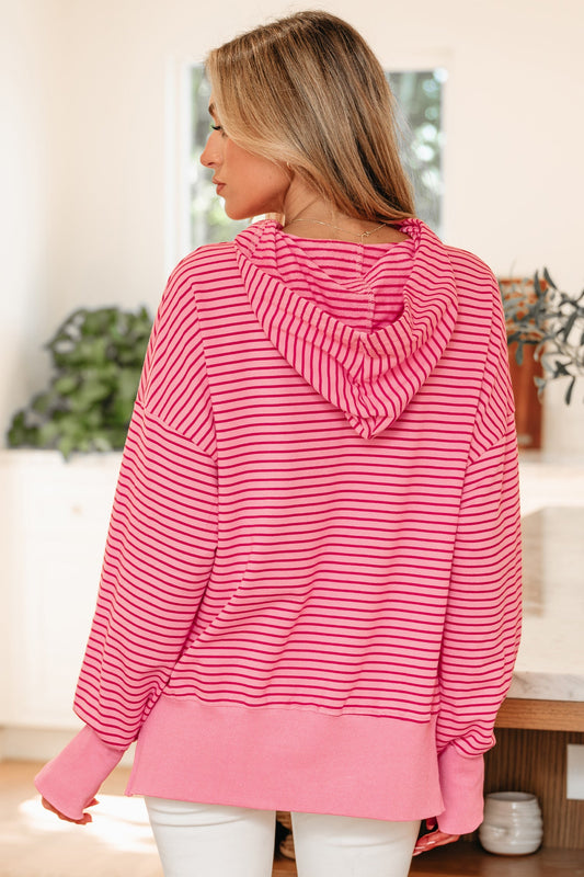 Stripe Thumbhole Side Slit Drop Shoulder Hoodie