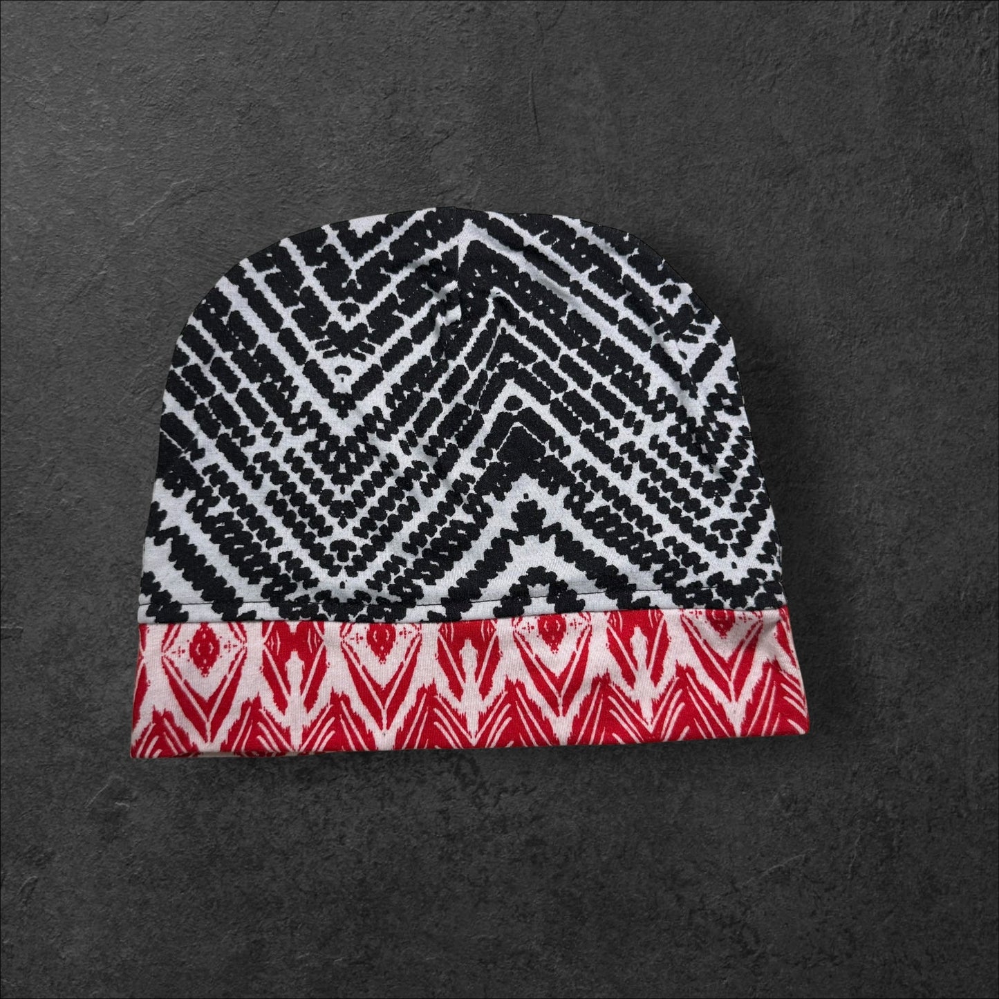 Black & Red Geometric Lightweight Slouch Beanie β Upcycled Everyday Hat