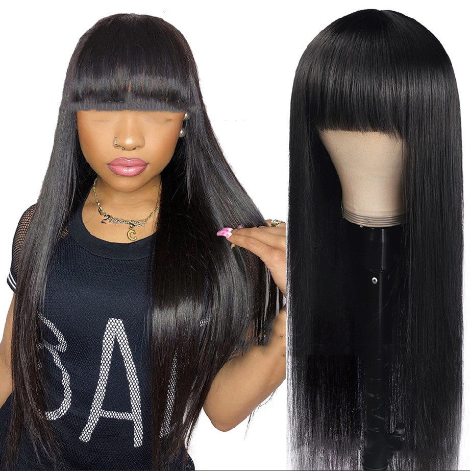 Black Long Straight Wig with Qi Bangs