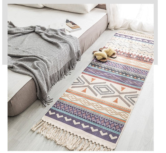 Hand Woven Cotton Linen Bohemian Rug Long Geometric Floor Accessory