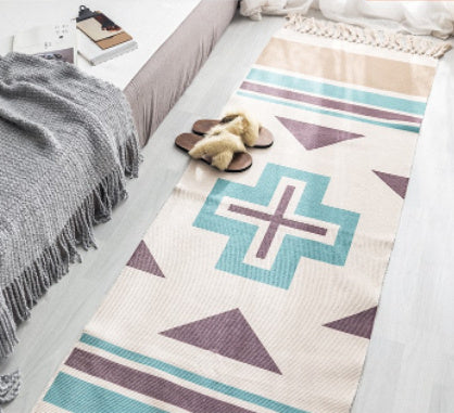 Hand Woven Cotton Linen Bohemian Rug Long Geometric Floor Accessory