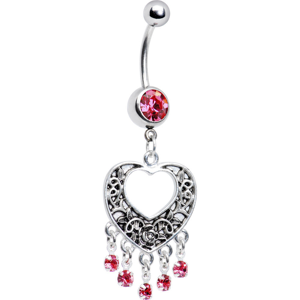 Pink Gem Hollow Heart Chandelier Belly Ring