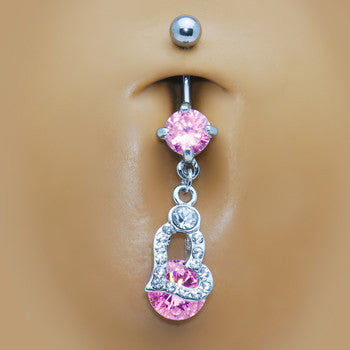 Pink Gem Encrusted Hollow Heart Dangle Belly Ring
