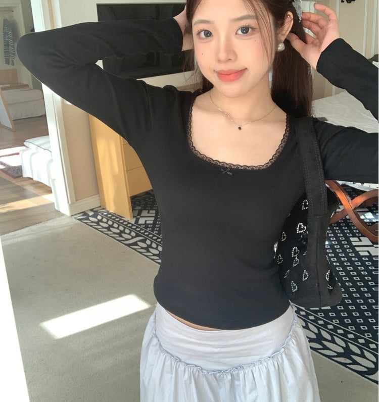 Lace Floral Shoulder Long Sleeve Slim-fit Crop Top