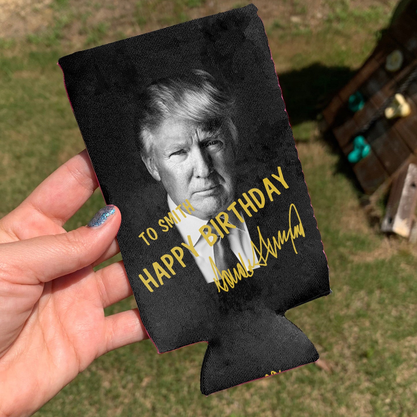 Personalized Donald Trump Autographed Can Cooler | Donald Trump Homage Can Holder | Black Can Sleeve For Drinks 682433 - GOP