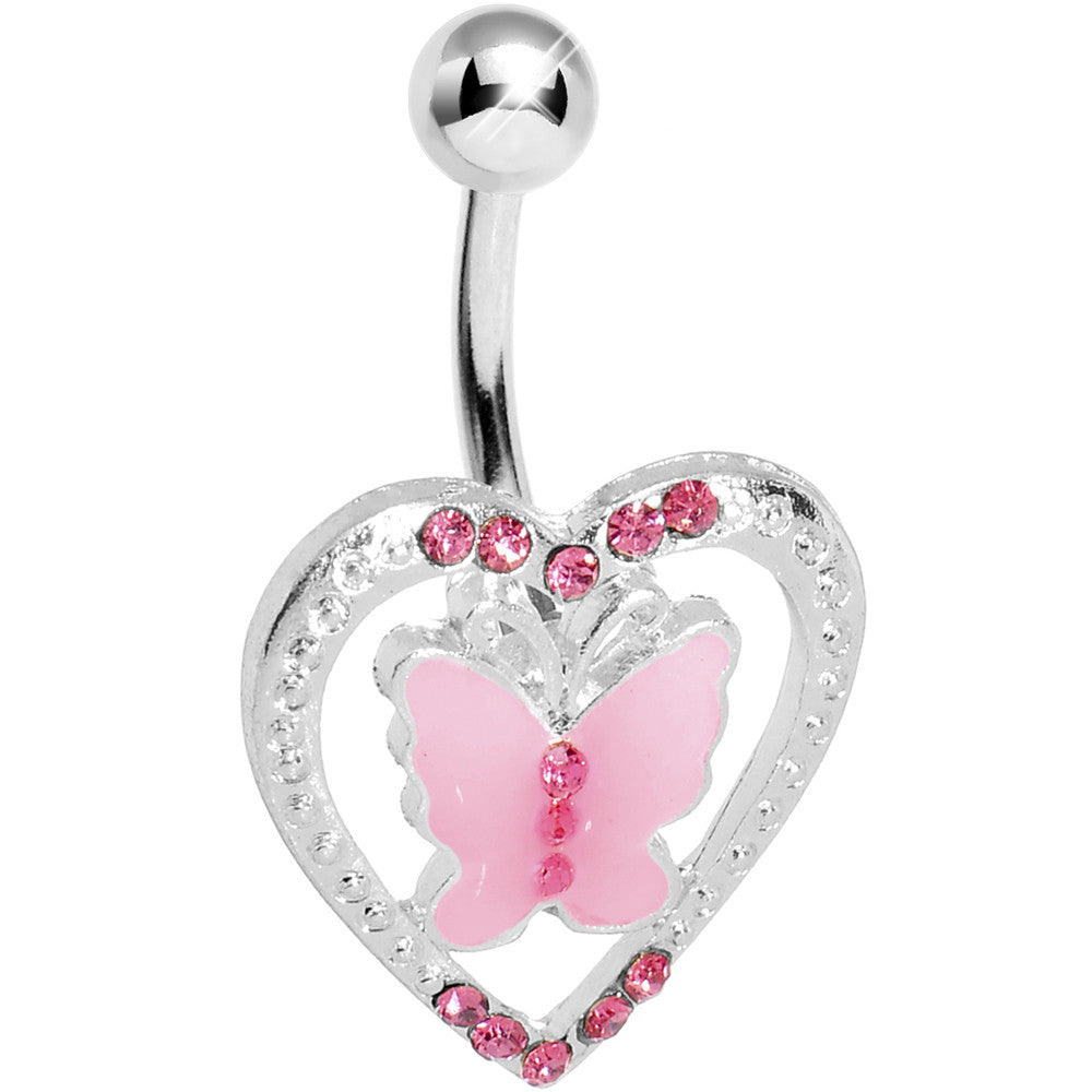 Pink Gem Fluttering Heart Butterfly Belly Ring