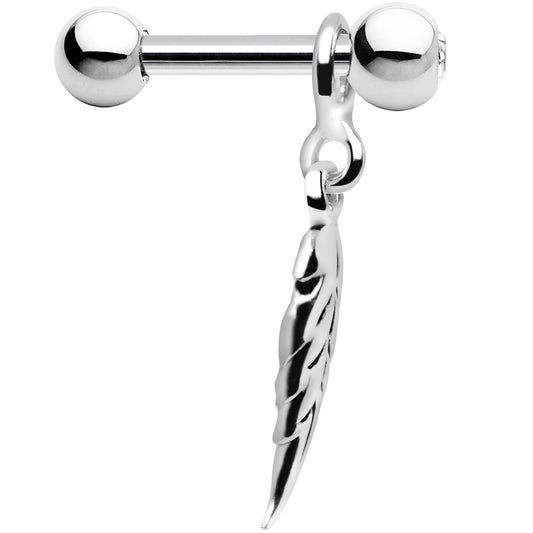 Silver 925 Crystalline Gem Falling Feather Dangle Cartilage Earring