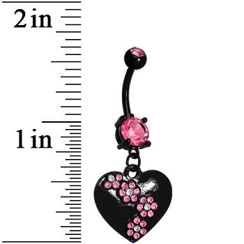 Pink Gem Floral Black Heart Dangle Belly Ring