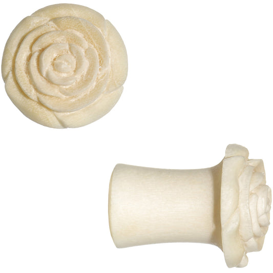 0G Organic White Crocodile Wood Rose Flower Hand Carved Plug Set