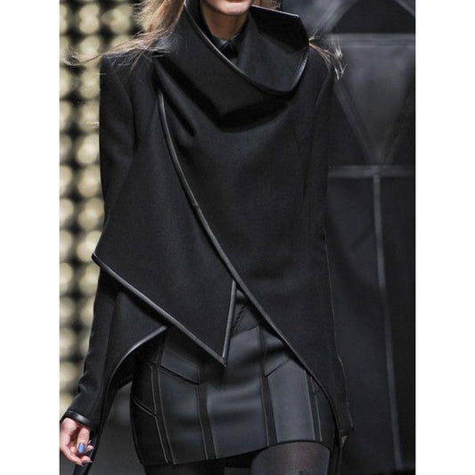 Lapel Woven Asymmetric Split Turtleneck Wool Overcoat