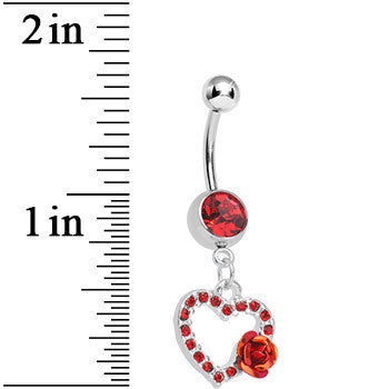 Red Gem Paved Hollow Heart with Sweet Rose Flower Dangle Belly Ring
