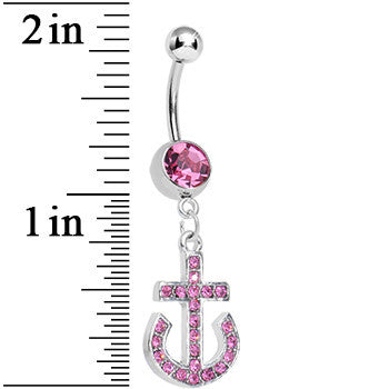 Pink Gem Paved Sparkling Anchor Dangle Belly Ring