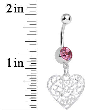 Pink Gem Filigree Heart Dangle Belly Ring