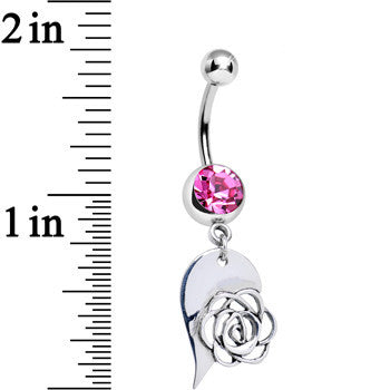 Pink Gem Garden Rose Flower Joined Heart Best Friends Dangle Belly Ring Set
