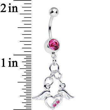Pink Gem Elevated Love Winged Heart Dangle Belly Ring