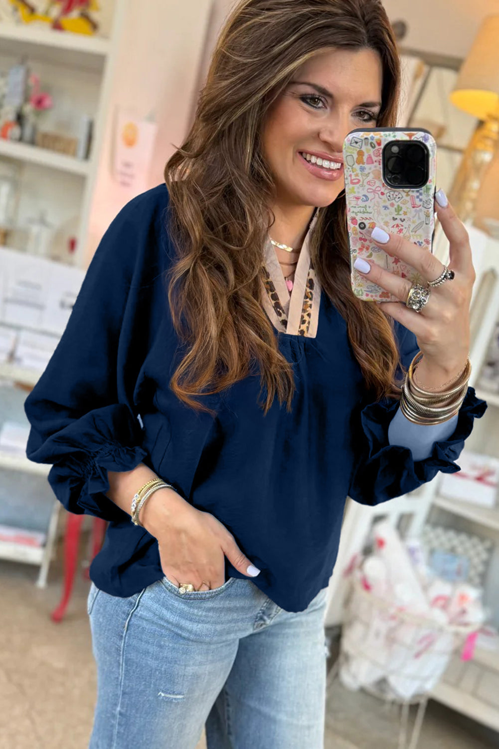 Leopard Trim Flounced 3/4 Sleeve V-Neck Blouse