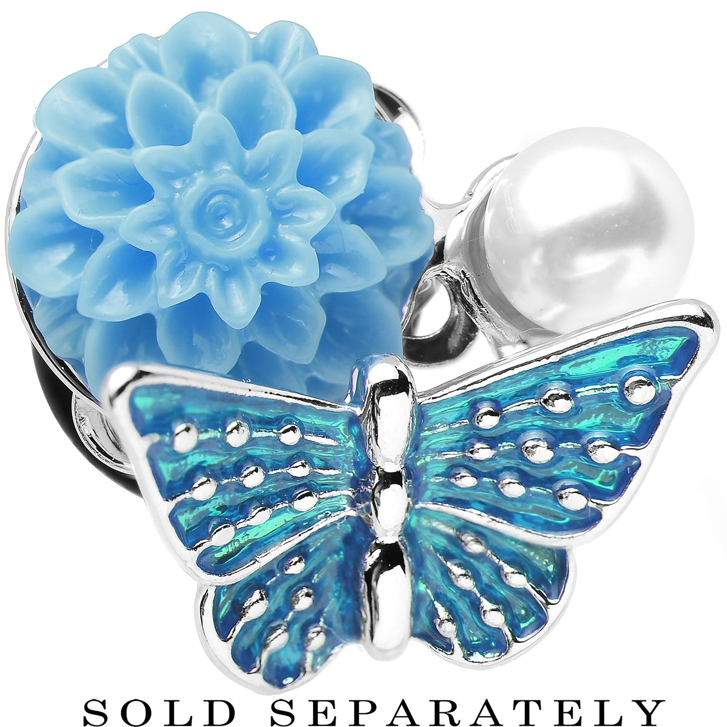 0G Blue Acrylic Flower Aqua Butterfly Single Flare Steel Plug