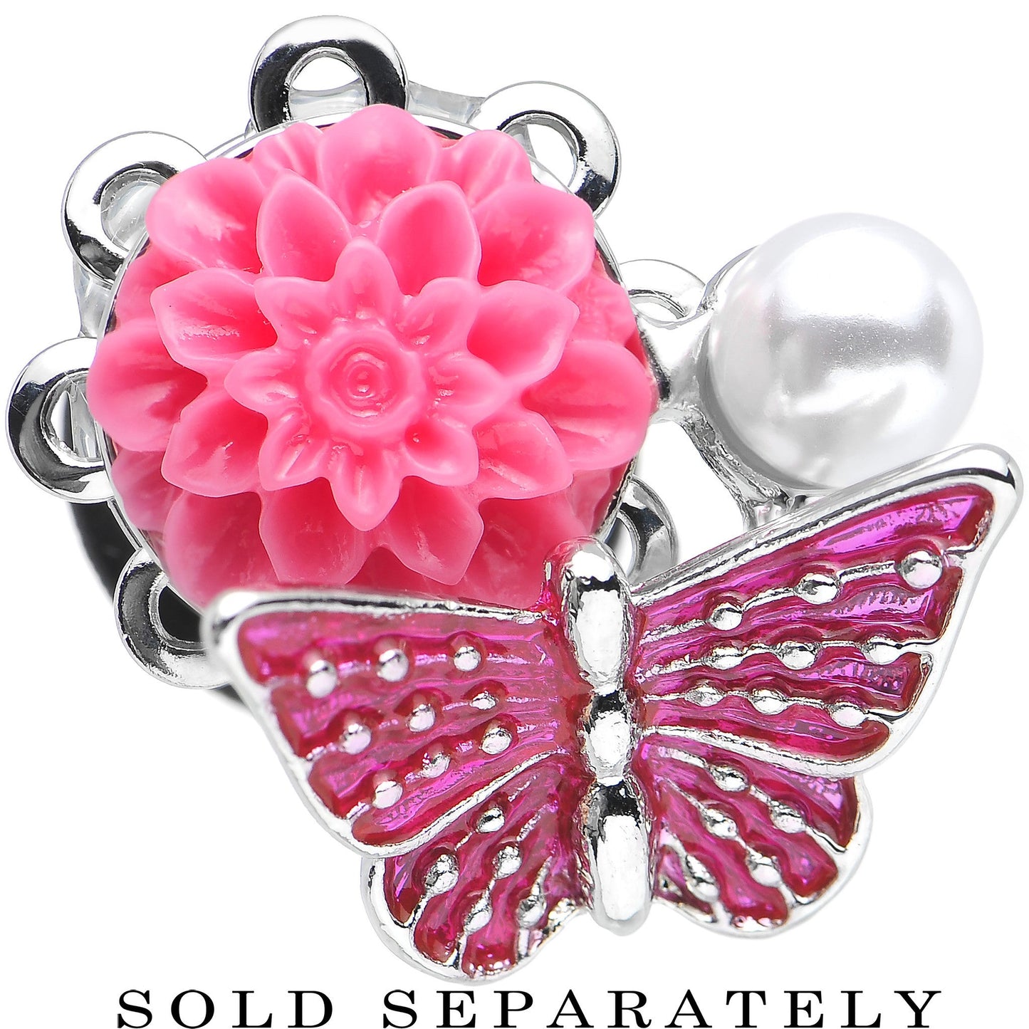 00G Pink Acrylic Flower Pink Butterfly Single Flare Steel Plug