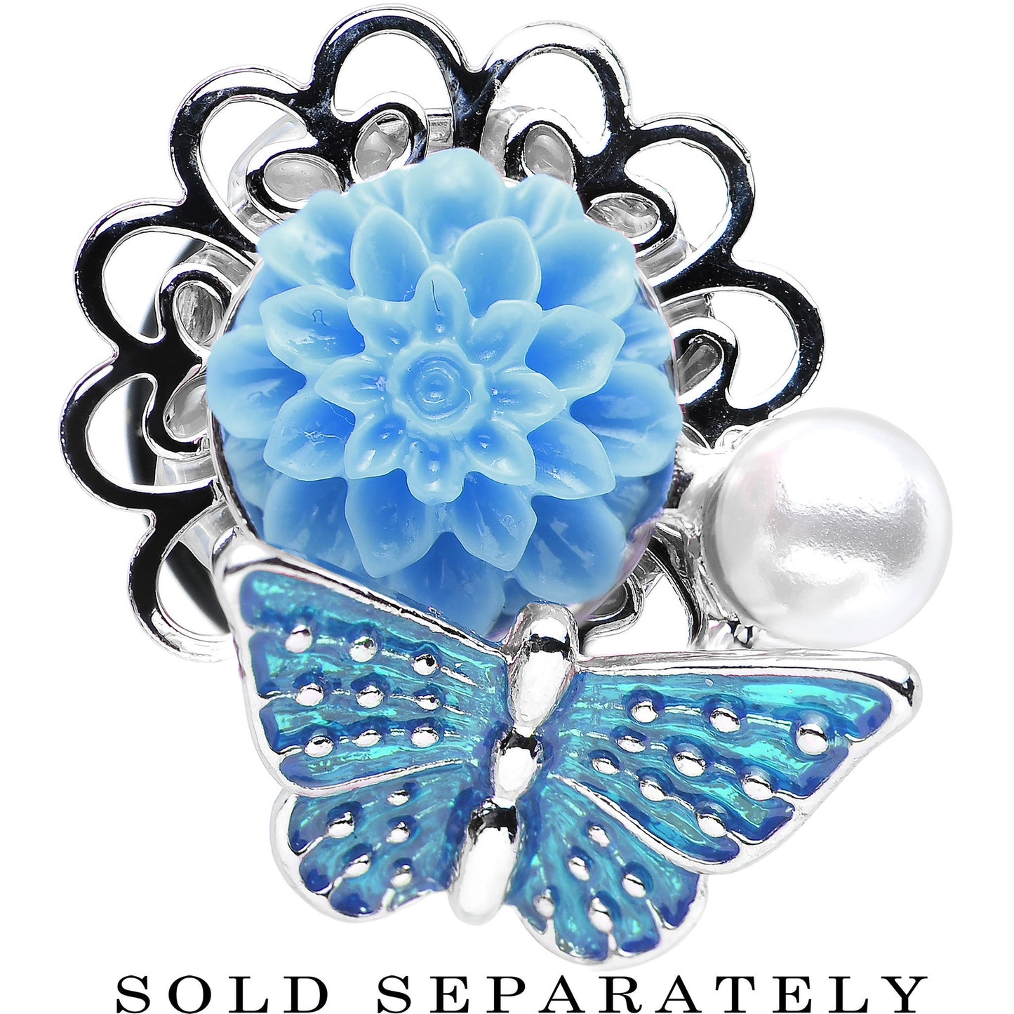 1/2 Blue Acrylic Flower Aqua Butterfly Single Flare Steel Plug