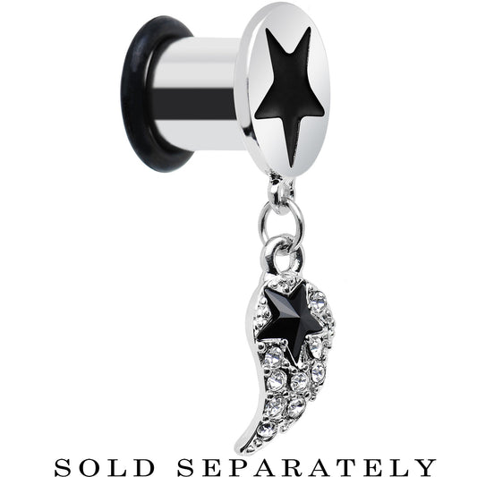 0G Clear Gem Angel Wing and Black Star Single Flare Dangle Plug