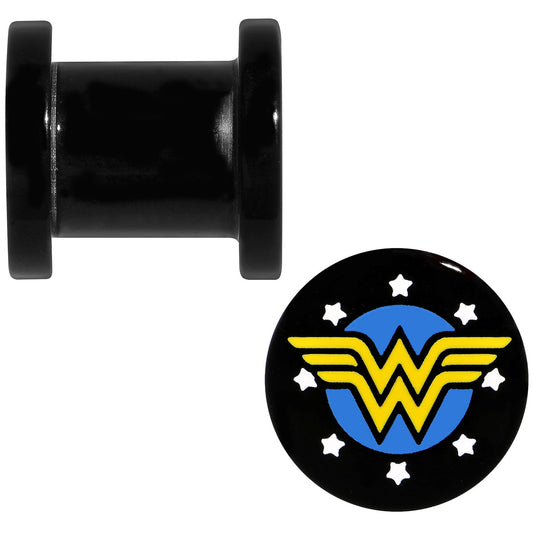 0G Black Acrylic Licensed Wonder Woman Logo Screw Fit Plug Set