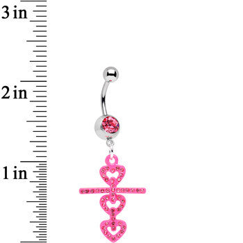 Pink Gem Cross of Pink Hearts Dangle Belly Ring