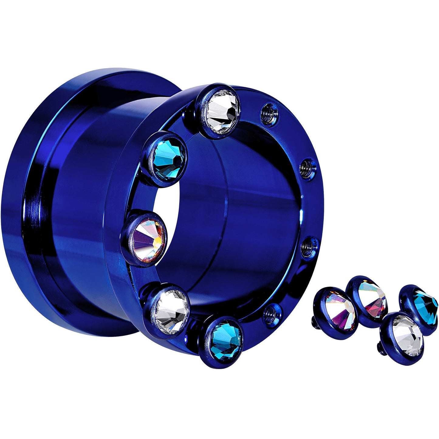 3/4 Dark Blue Titanium Tunnels with Removable Dermal Tops
