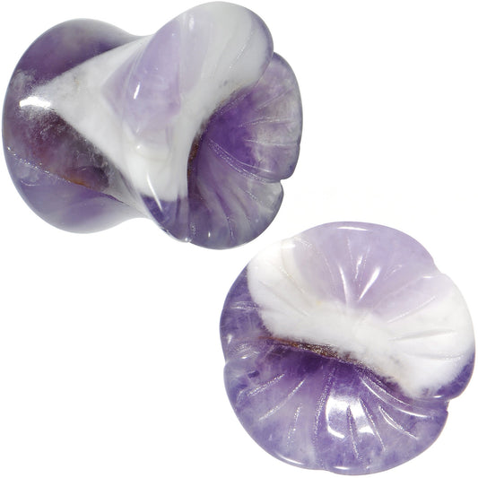 00G Natural Amethyst Stone Carved Flower Saddle Plug Set