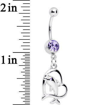 Purple Gem Dolphin in Heart Dangle Belly Ring