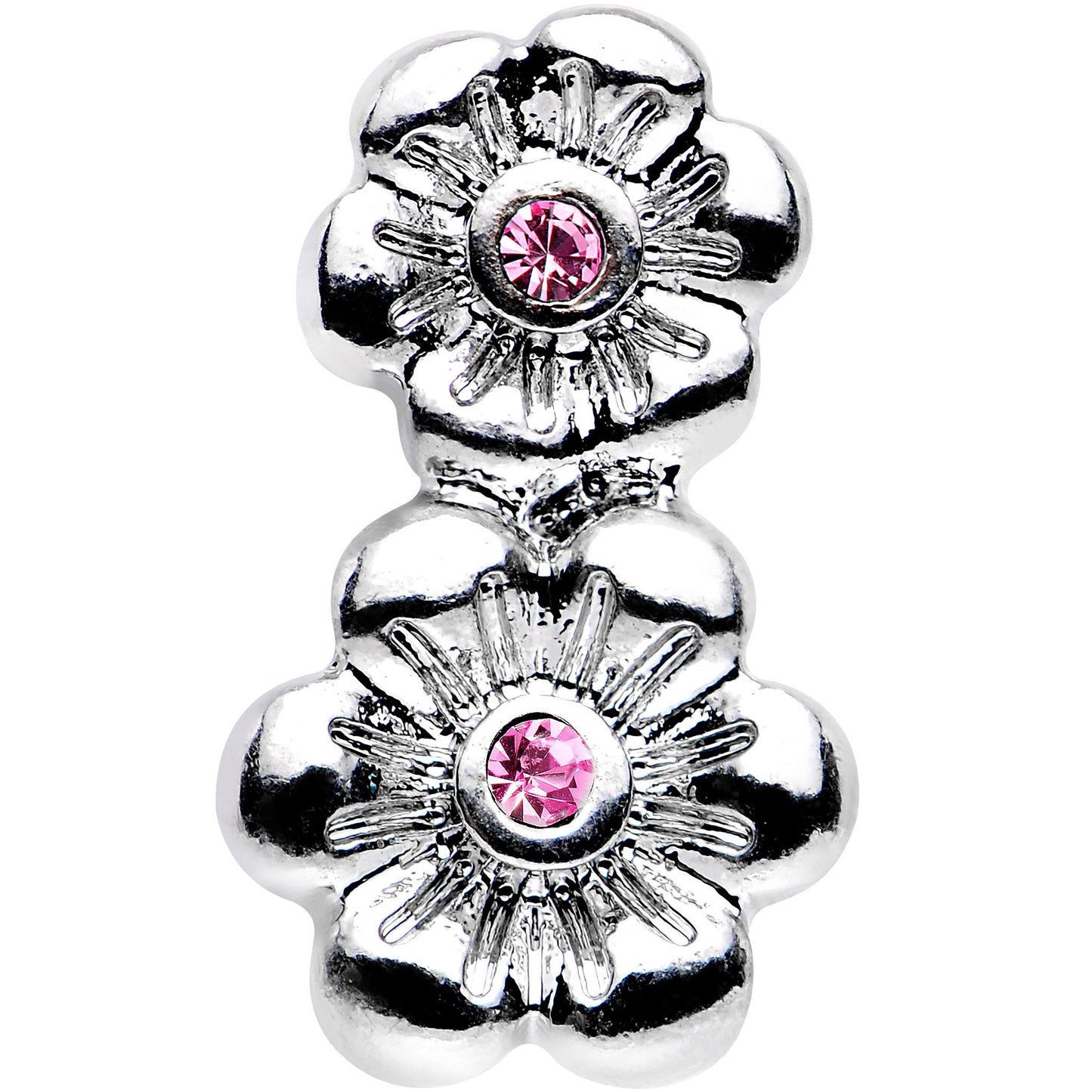 16G 1/4 Pink Gem Steel Double Flower Tragus Cartilage Earring