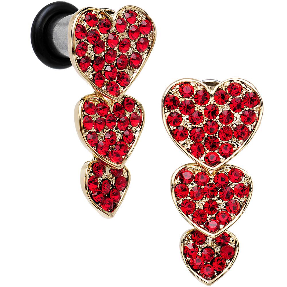 Red Gem Steel Triple Heart Single Flare Dangle Plug Set Sizes 5mm to 00G