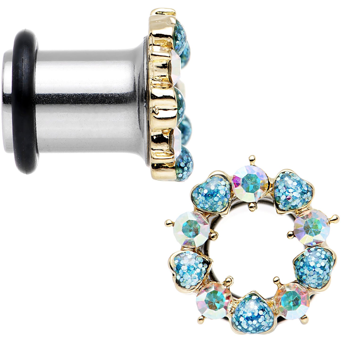 0G Aurora and Aqua Gem Heart Wreath Single Flare Tunnel Plug Set