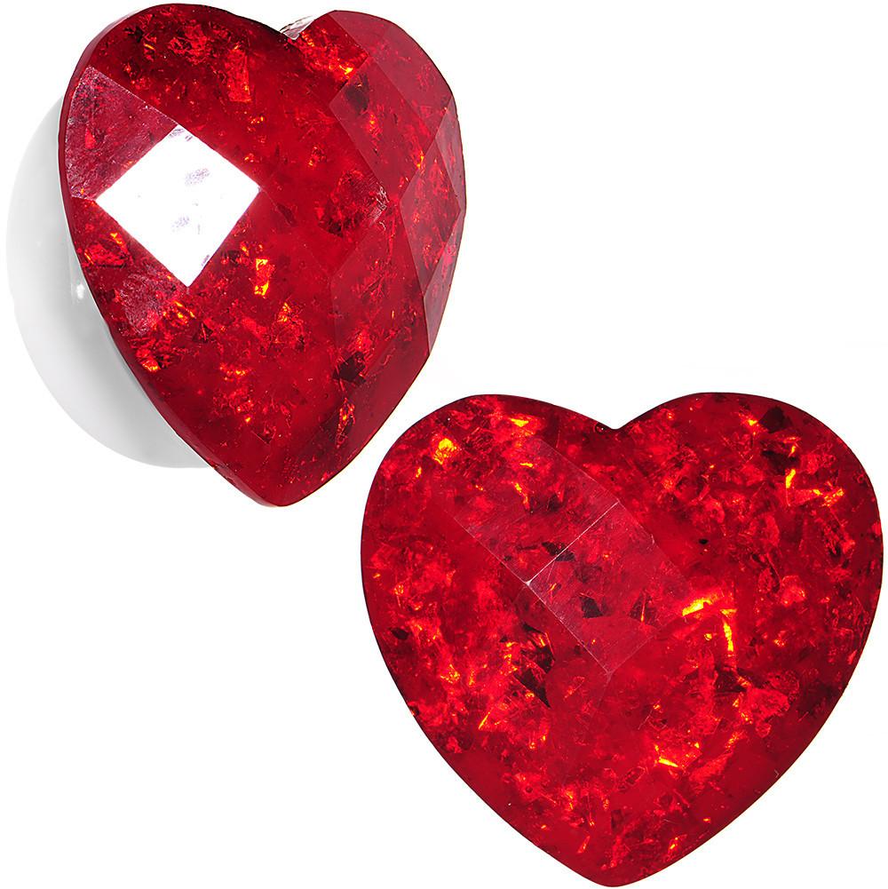 White Acrylic Red Faceted Valentine Heart Saddle Plug Set 2G to 26mm