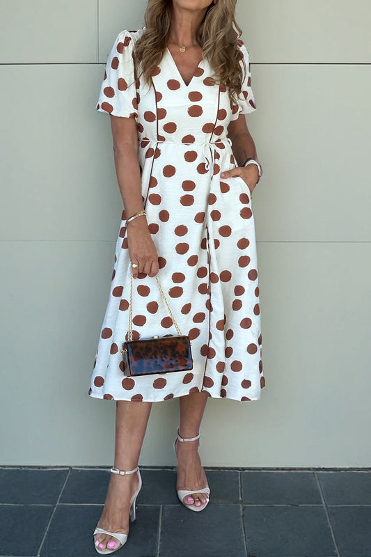 Polka Dot V-Neck Short Sleeve Tie Dress