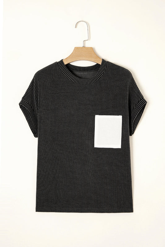 Corded Knit Colorblock Pocketed Crew Neck T-Shirt