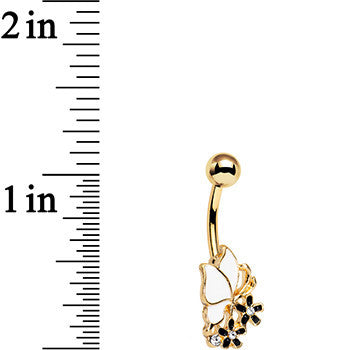 Gold Anodized Black and White Butterfly and Flower Belly Ring