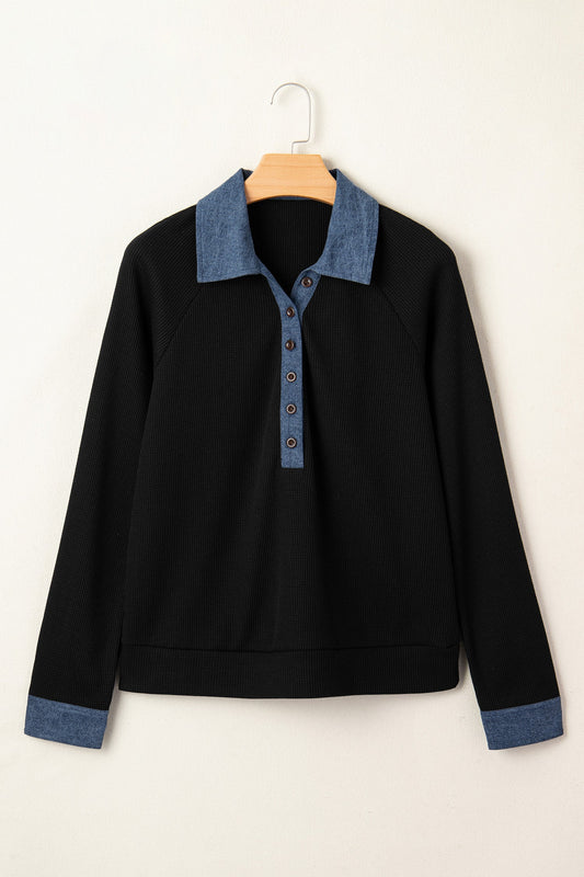 Textured Knit Denim Patchwork Polo Collar Top