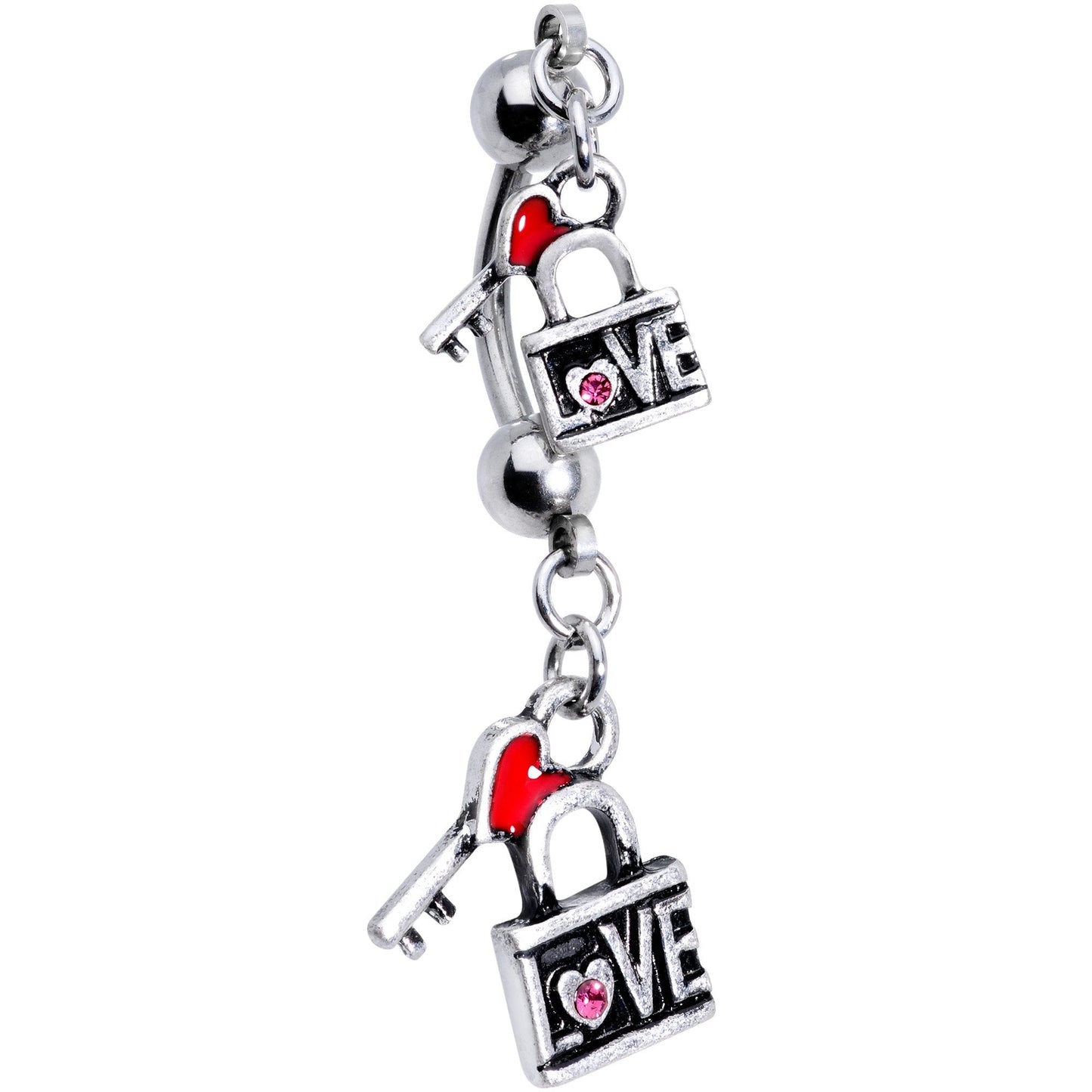 Pink Gem Red Heart Lock Love Double Mount Dangle Belly Ring