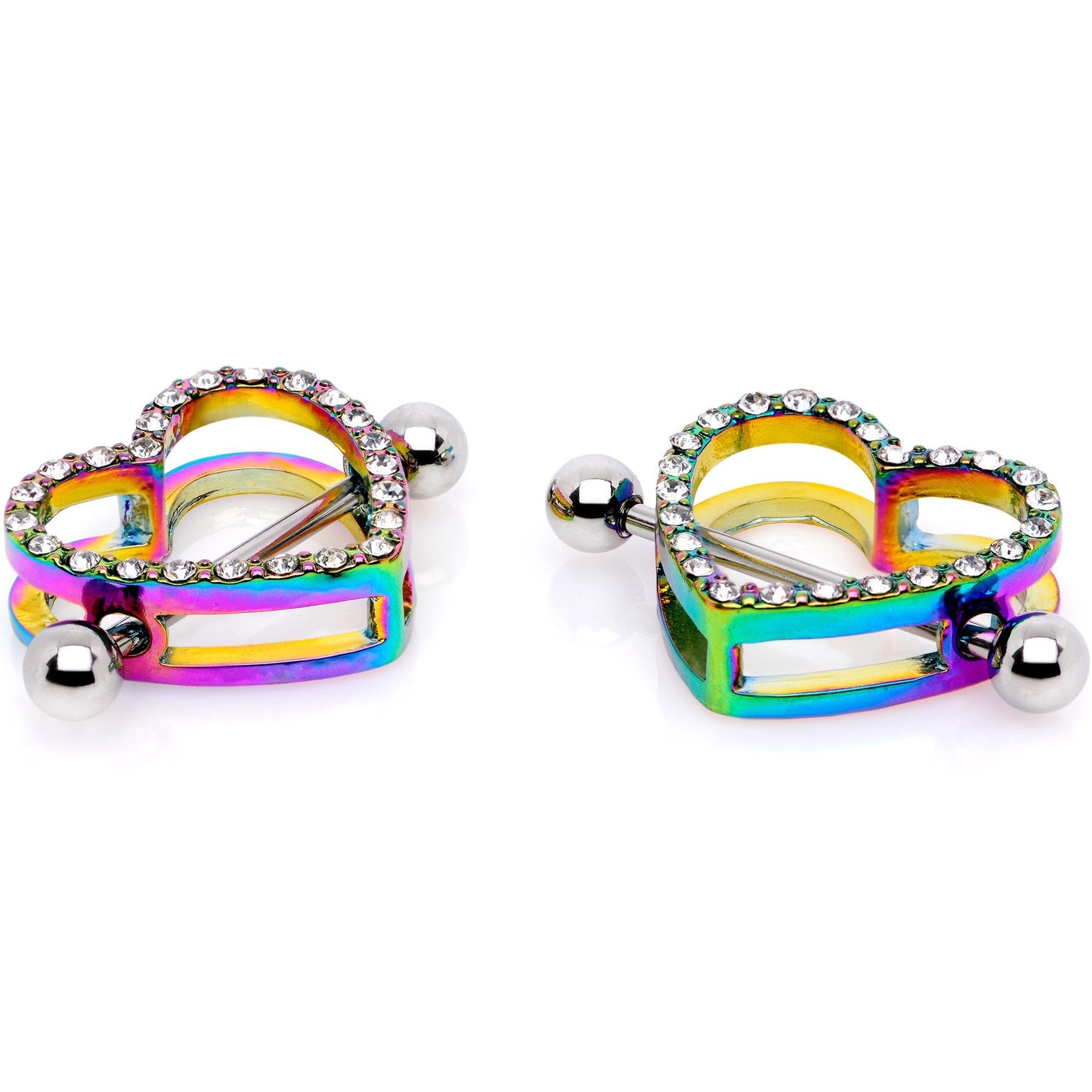 14G 5/8 Clear Gem Rainbow Valentine Heart Nipple Ring Set