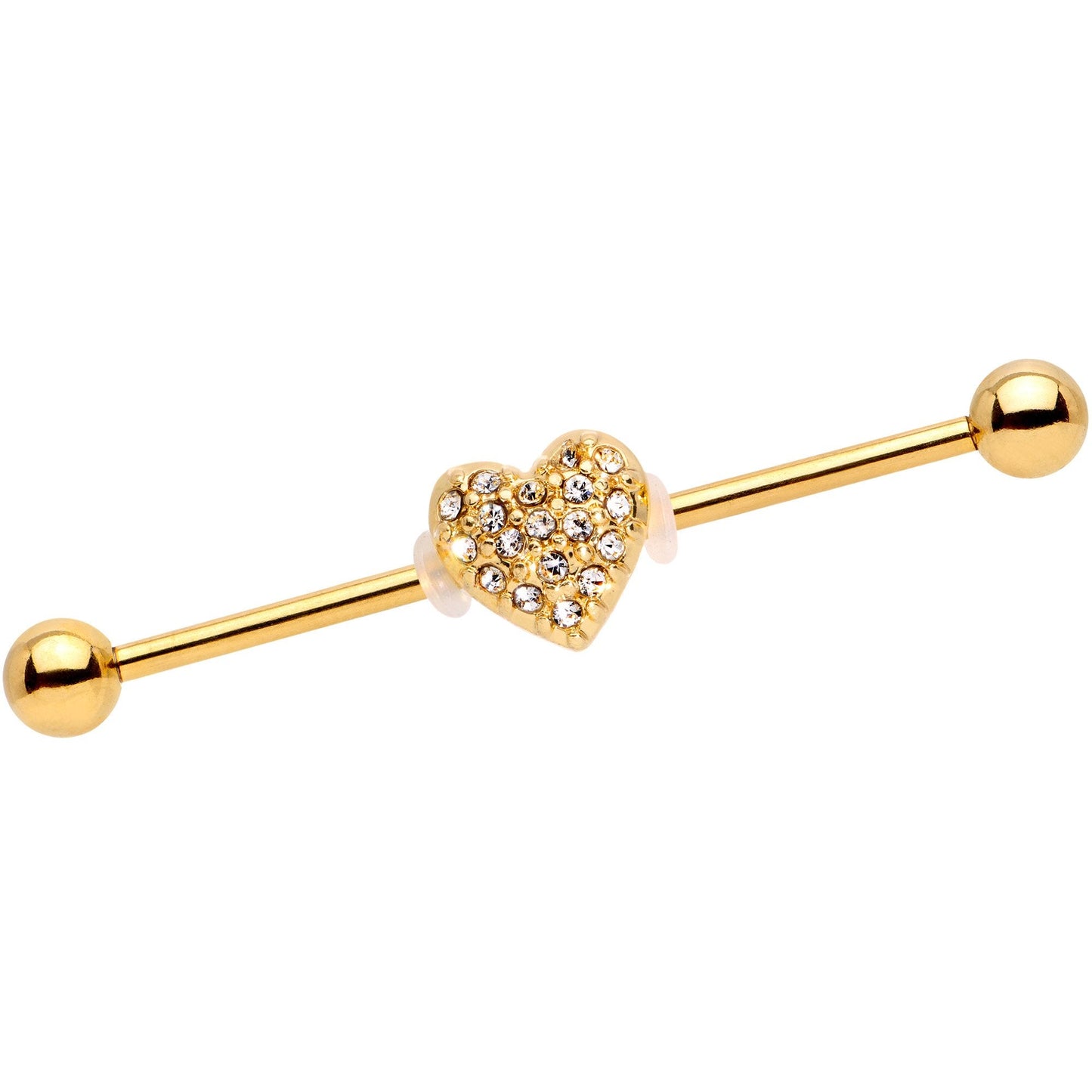 14G Clear Gem Heart Gold Anodized Straight Industrial Barbell 38mm