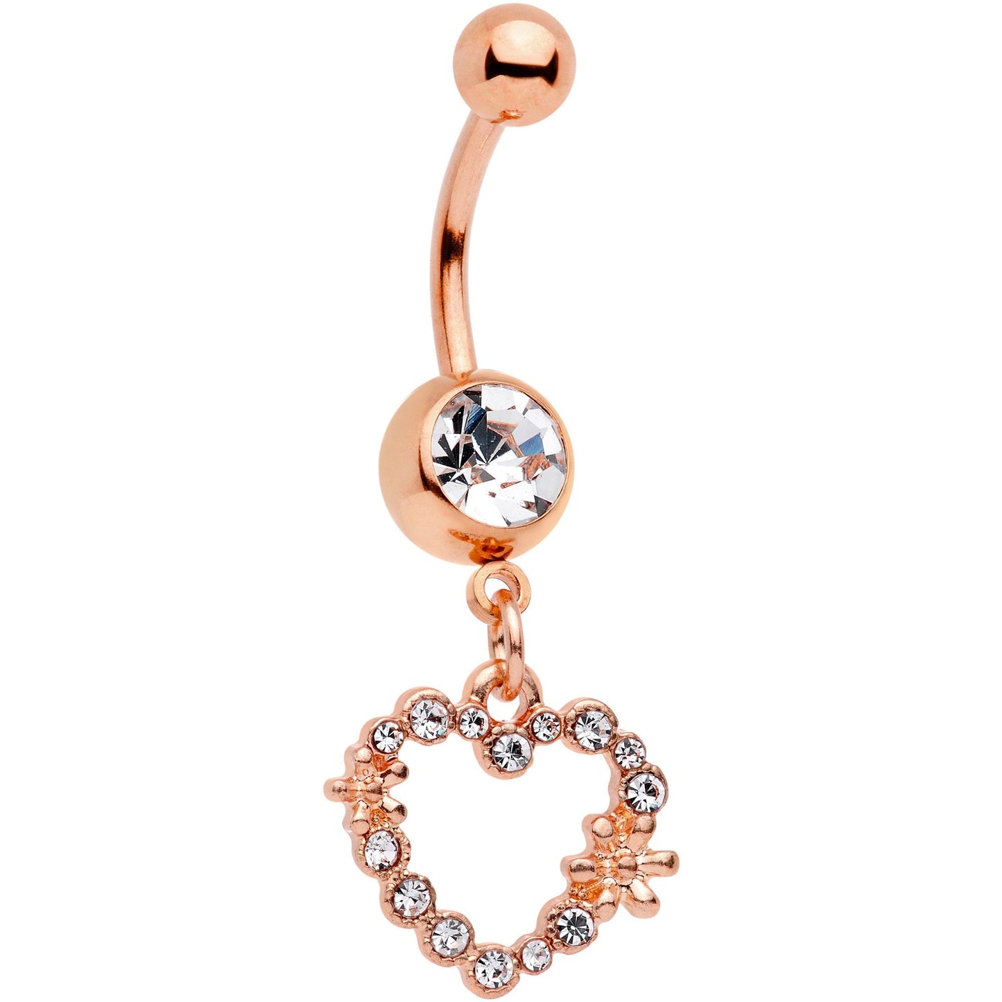 14G 7/16 Clear Gem Rose Gold Tone Heart Dangle Belly Ring