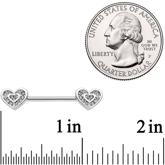 14G 5/8 Clear Gem Wrapped Hearts Barbell Nipple Ring Set