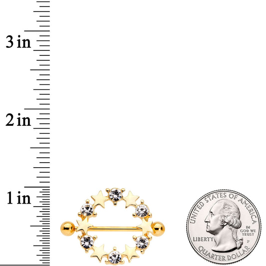 14G 7/8 Clear Gem Gold Tone Ring of Stars Nipple Shield Set