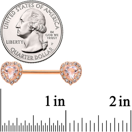 14G 9/16 Clear Gem Rose Gold Tone Heart Barbell Nipple Ring Set