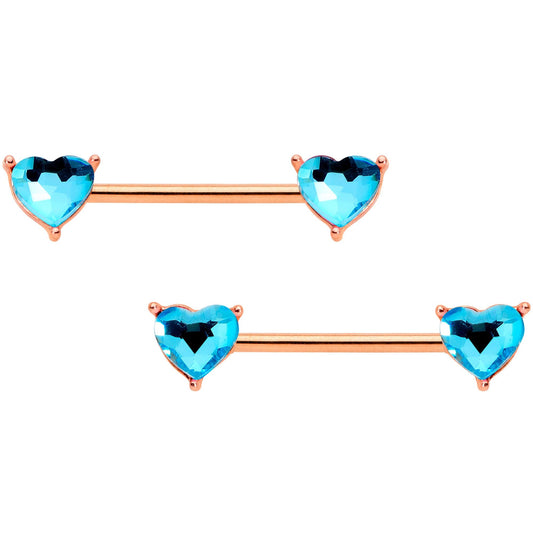 14G Aqua Gem Heart Rose Gold Tone BCR Barbell Nipple Ring Set of 4
