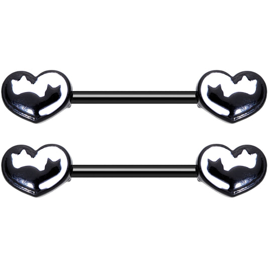 14G 9/16 Black White Silhouette Cat Lover Barbell Nipple Ring Set