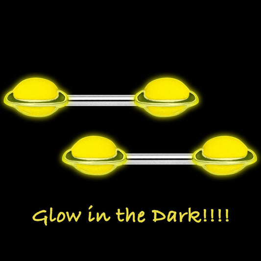 14G 9/16 Yellow Glow in the Dark Saturn Barbell Nipple Ring Set