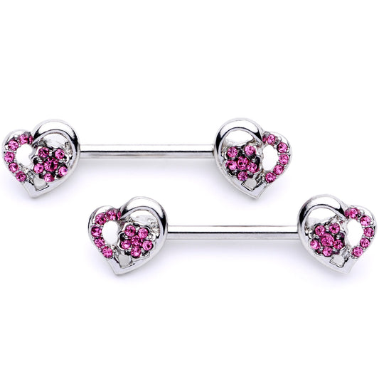 14G 9/16 1/2 Pink Gem Floral Hearts BCR Barbell Nipple Ring Set