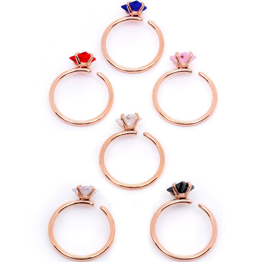 20G 5/16 Multicolor Single Gem Rose Gold Tone Nose Hoop Set of 6