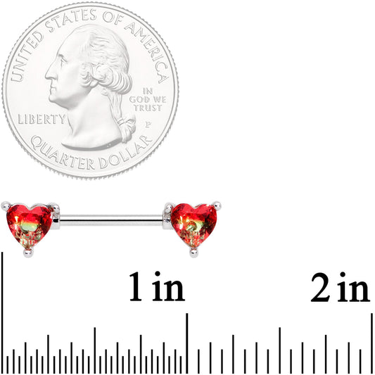 14G 9/16 Red Tourmaline Heart Barbell Nipple Ring Set